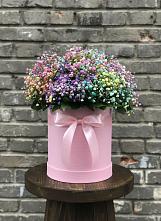 Цветочная композиция из Гипсофила и Розы в шляпной коробке в Линёво Волгоградской области