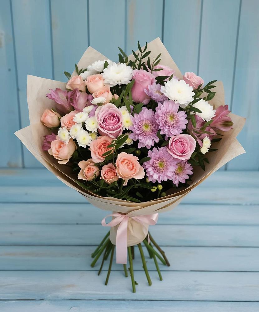 Букет цветов из: Хризантемы, Розы и Альстромерии в Линёво Волгоградской области
