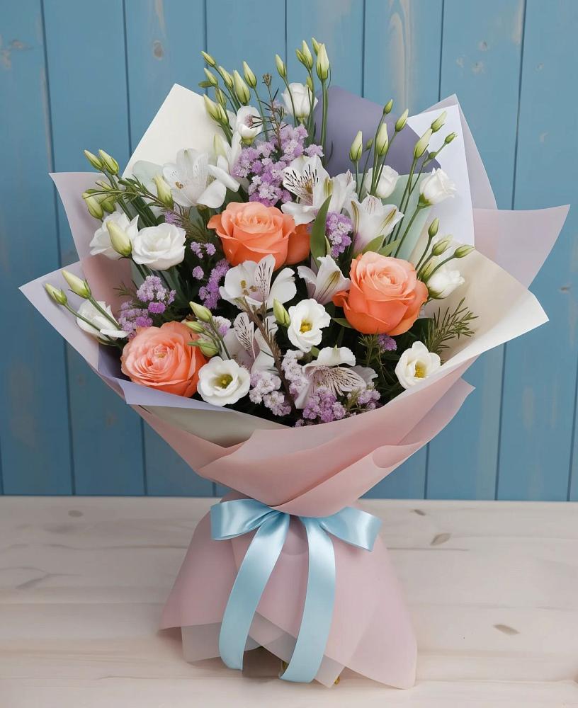 Букет цветов из: Лизиантусы, Розы, Альстромерии и Гипсофила в Линёво Волгоградской области