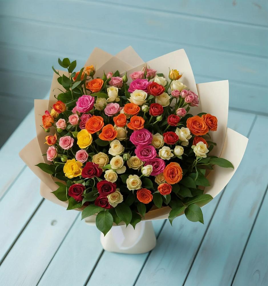 Букет Микс из разноцветных кустовых роз в Линёво Волгоградской области