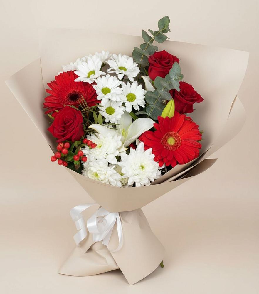 Букет цветов из: Розы, Хризантемы, Герберы и Лилии в Линёво Волгоградской области