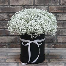 Цветочная композиция из Гипсофила в шляпной коробке в Линёво Волгоградской области