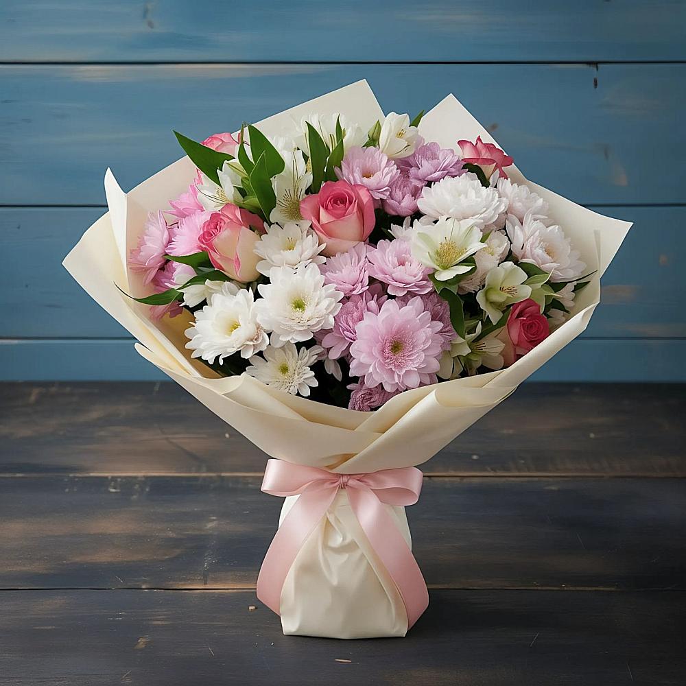 Букет цветов из: Хризантемы, Альстромерии и Розы в Линёво Волгоградской области